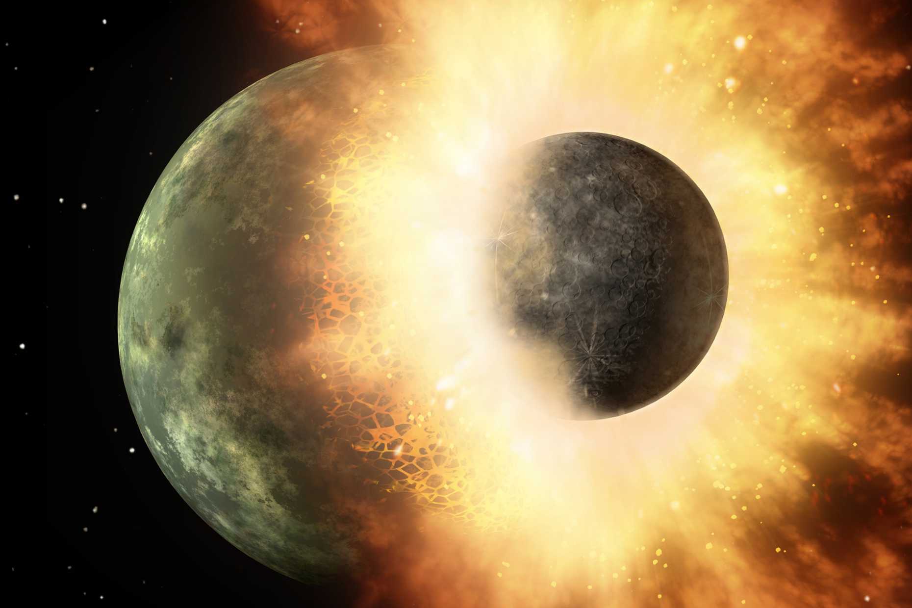 Vergrösserte Ansicht: Der Mond wurde geformt, als die Erde vor rund 4,5 Milliarden Jahren mit einem kleineren Planeten aus der Nachbarschaft zusammenstiess. (Grafik: NASA)